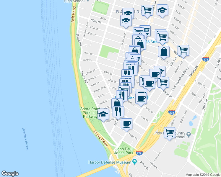 map of restaurants, bars, coffee shops, grocery stores, and more near 211 96th Street in Brooklyn