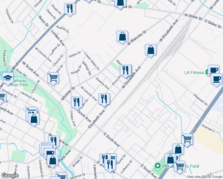 map of restaurants, bars, coffee shops, grocery stores, and more near 2277 Price Street in Rahway