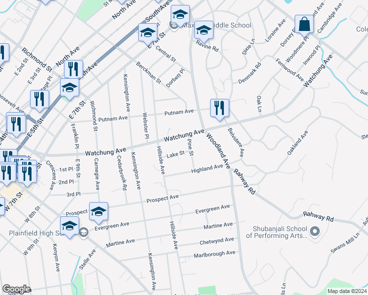map of restaurants, bars, coffee shops, grocery stores, and more near 938 Pine Street in Plainfield