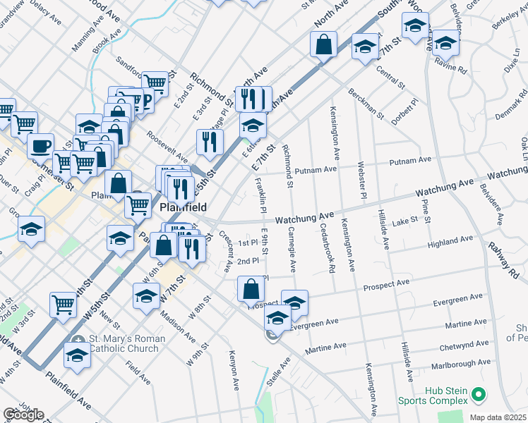 map of restaurants, bars, coffee shops, grocery stores, and more near 912-14 Watchung Avenue in Plainfield