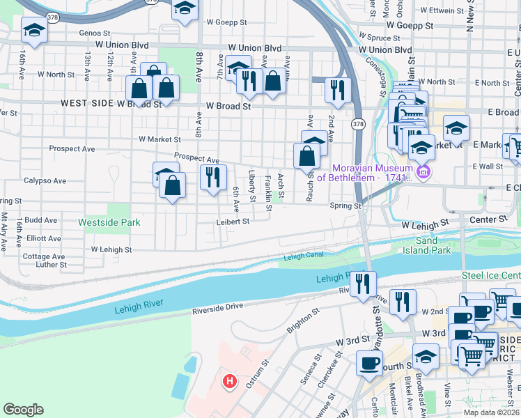 map of restaurants, bars, coffee shops, grocery stores, and more near 630 Leibert Street in Bethlehem