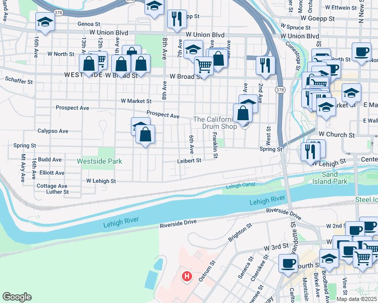 map of restaurants, bars, coffee shops, grocery stores, and more near 711 Leibert Street in Bethlehem