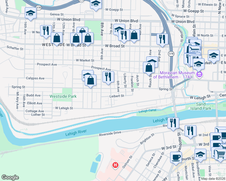 map of restaurants, bars, coffee shops, grocery stores, and more near 711 Leibert Street in Bethlehem