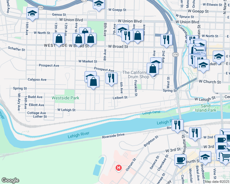 map of restaurants, bars, coffee shops, grocery stores, and more near 711 Leibert Street in Bethlehem