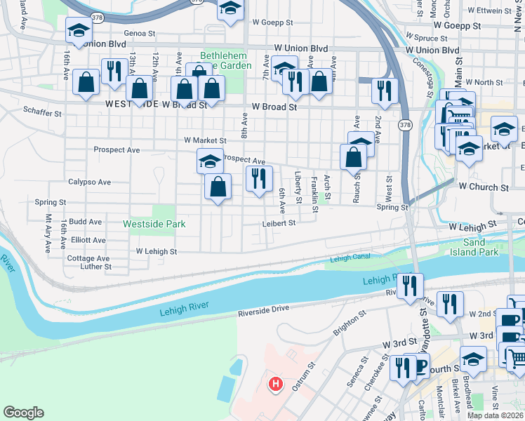 map of restaurants, bars, coffee shops, grocery stores, and more near 817 Leibert Street in Bethlehem