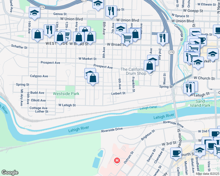 map of restaurants, bars, coffee shops, grocery stores, and more near 817 Leibert Street in Bethlehem