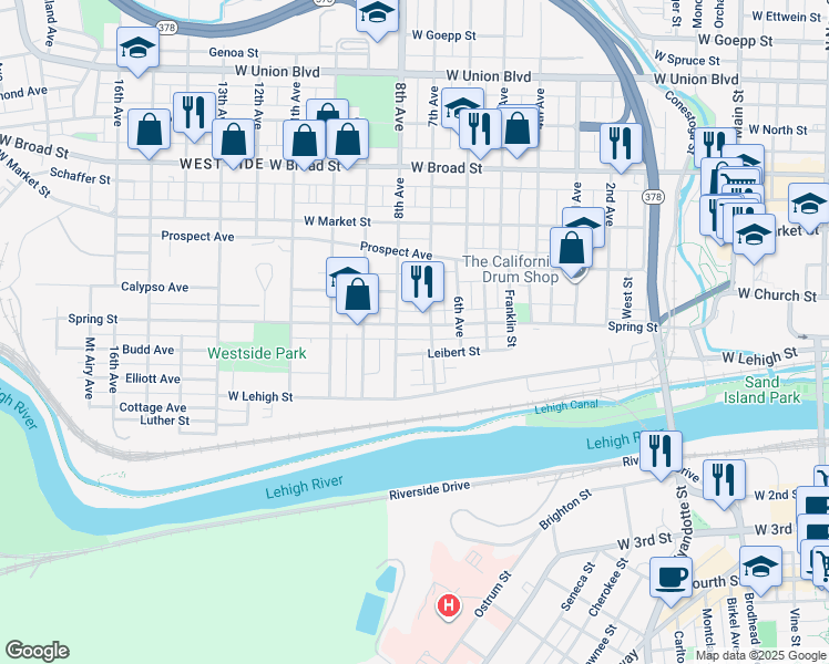 map of restaurants, bars, coffee shops, grocery stores, and more near 817 Leibert Street in Bethlehem