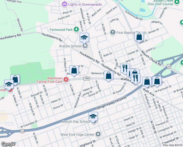 map of restaurants, bars, coffee shops, grocery stores, and more near 2212 Walbert Avenue in Allentown