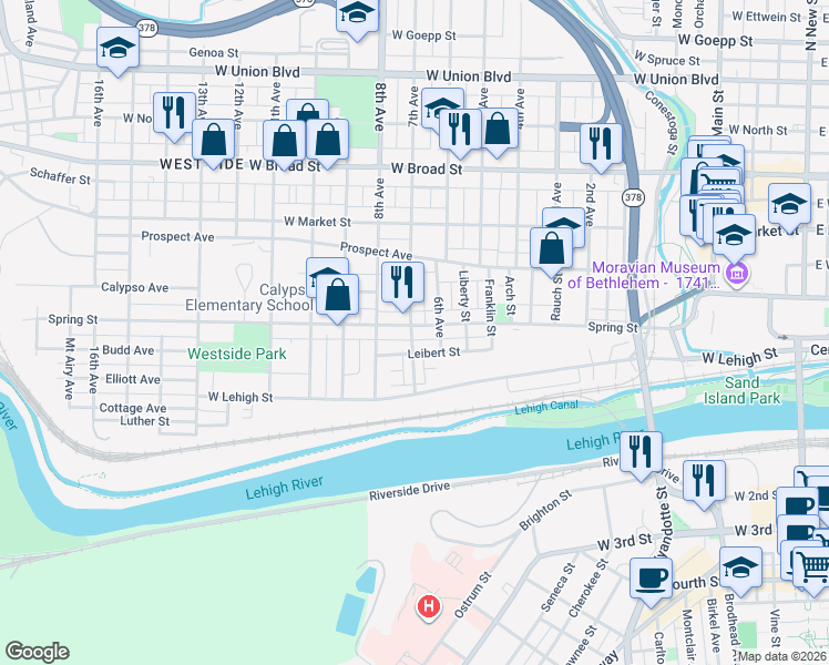map of restaurants, bars, coffee shops, grocery stores, and more near 711 Leibert Street in Bethlehem