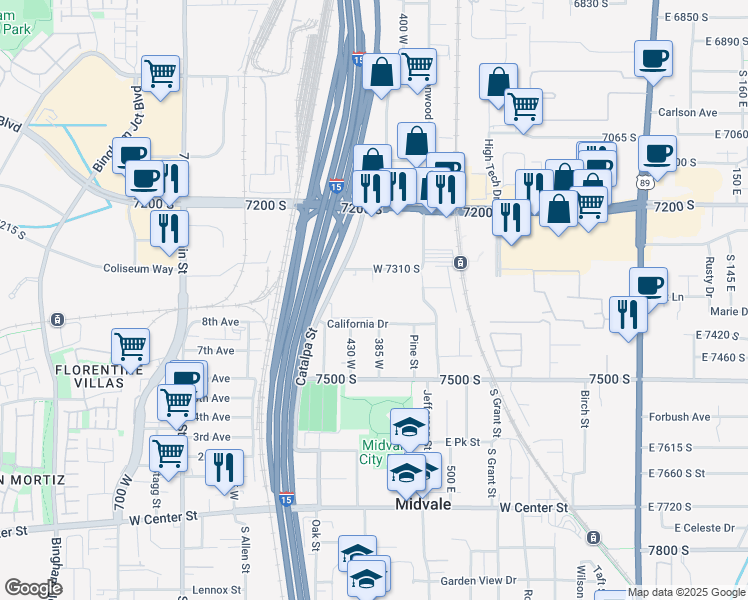 map of restaurants, bars, coffee shops, grocery stores, and more near 7338 South Sideline Lane in Midvale