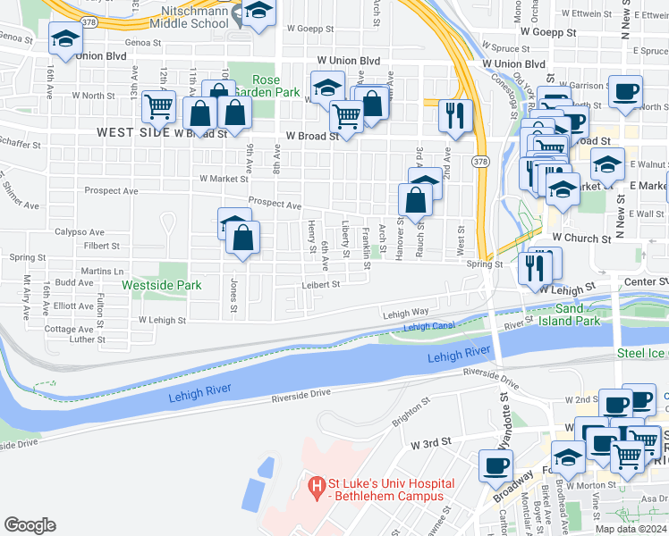 map of restaurants, bars, coffee shops, grocery stores, and more near 641 Spring Street in Bethlehem