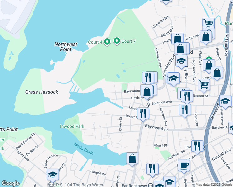 map of restaurants, bars, coffee shops, grocery stores, and more near 207 Davis Avenue in Inwood