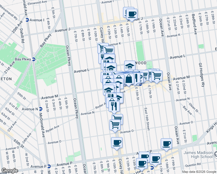 map of restaurants, bars, coffee shops, grocery stores, and more near 1639 Coney Island Avenue in Brooklyn