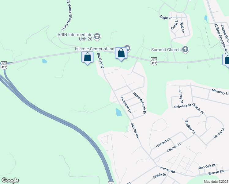 map of restaurants, bars, coffee shops, grocery stores, and more near 220 Kingston Lane in Indiana