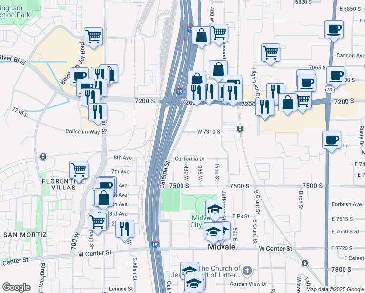 map of restaurants, bars, coffee shops, grocery stores, and more near 7395 430 West in Midvale