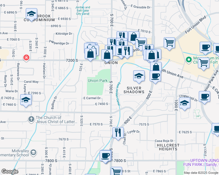 map of restaurants, bars, coffee shops, grocery stores, and more near 696 East Union Garden Court South in Midvale