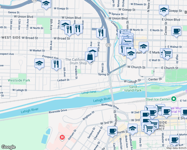 map of restaurants, bars, coffee shops, grocery stores, and more near 345 Spring Street in Bethlehem