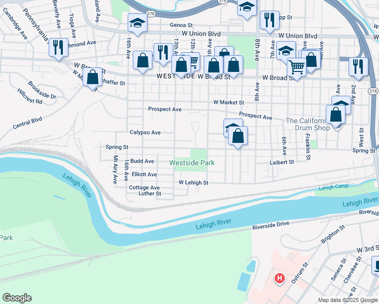 map of restaurants, bars, coffee shops, grocery stores, and more near 330 13th Avenue in Bethlehem