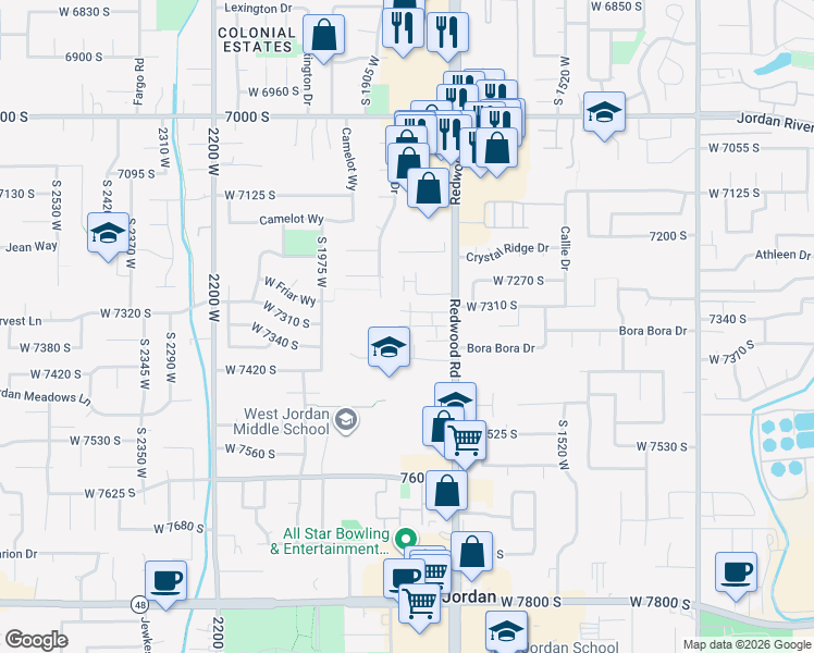 map of restaurants, bars, coffee shops, grocery stores, and more near 7366 South Redwood Road in West Jordan