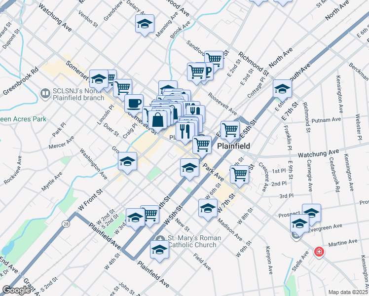 map of restaurants, bars, coffee shops, grocery stores, and more near 131 Park Avenue in Plainfield