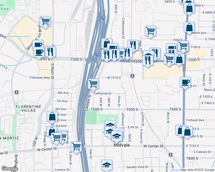 map of restaurants, bars, coffee shops, grocery stores, and more near 7336 South Sideline Lane in Midvale