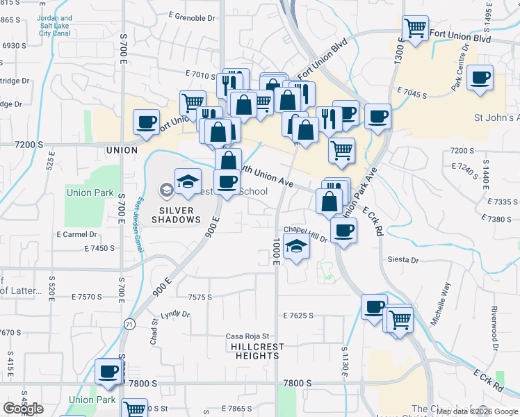 map of restaurants, bars, coffee shops, grocery stores, and more near 957 Creekhill Lane in Midvale