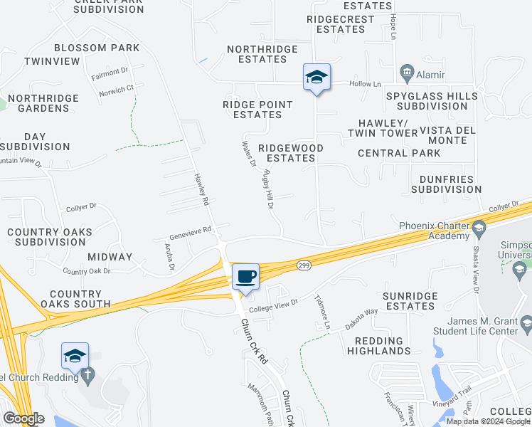 map of restaurants, bars, coffee shops, grocery stores, and more near 11338 Rugby Hill Drive in Redding