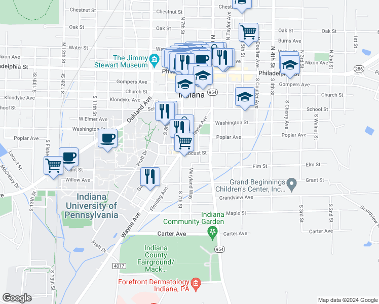 map of restaurants, bars, coffee shops, grocery stores, and more near 663 Locust Street in Indiana