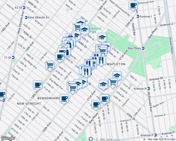 map of restaurants, bars, coffee shops, grocery stores, and more near 1967 62nd Street in Brooklyn
