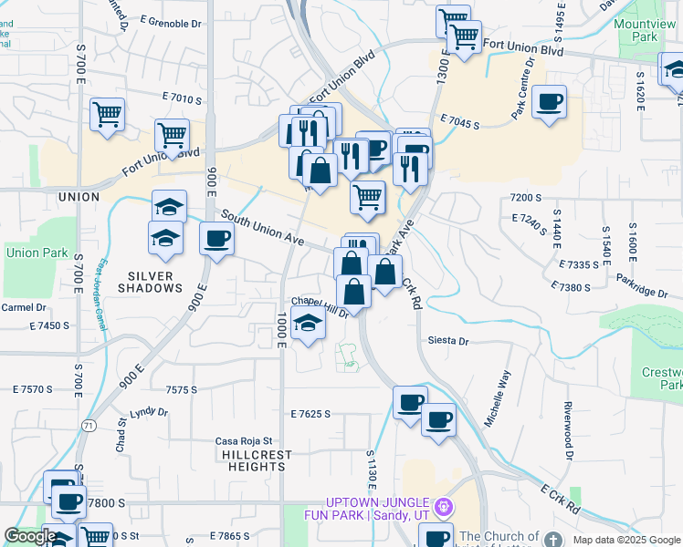 map of restaurants, bars, coffee shops, grocery stores, and more near 1091 South Union Avenue in Midvale