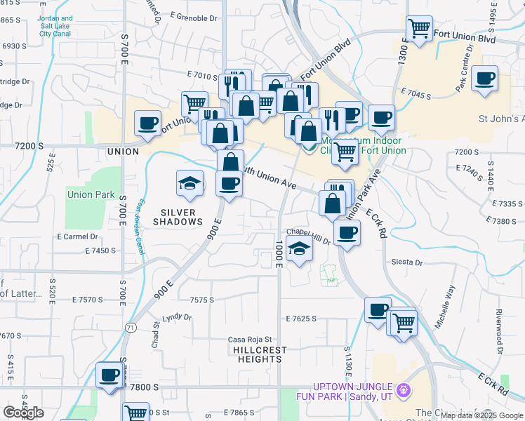map of restaurants, bars, coffee shops, grocery stores, and more near 7327 Springcrest Court in Midvale