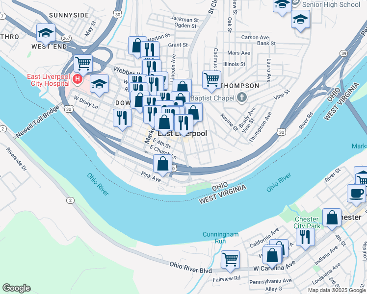 map of restaurants, bars, coffee shops, grocery stores, and more near 414 Broadway Street in East Liverpool
