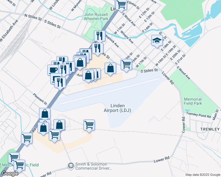 map of restaurants, bars, coffee shops, grocery stores, and more near 1101 West Edgar Road in Linden