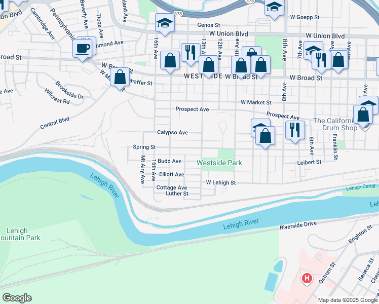 map of restaurants, bars, coffee shops, grocery stores, and more near 1423 Spring Street in Bethlehem