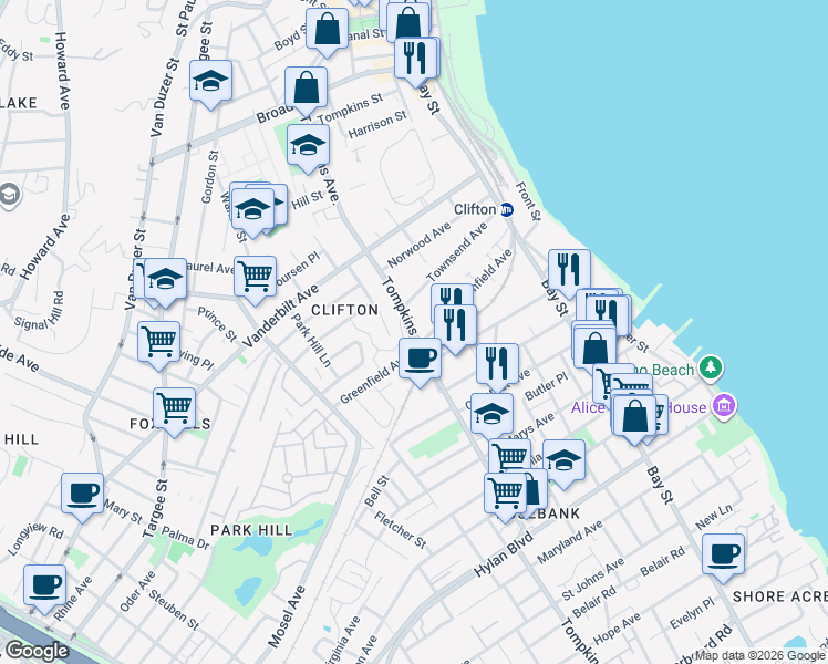 map of restaurants, bars, coffee shops, grocery stores, and more near 308 Tompkins Avenue in Staten Island