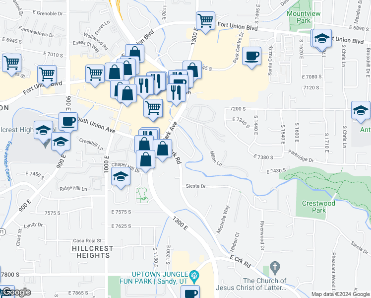 map of restaurants, bars, coffee shops, grocery stores, and more near 1199 Waterside Cove in Midvale