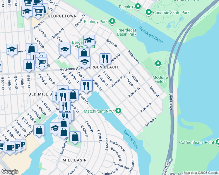 map of restaurants, bars, coffee shops, grocery stores, and more near 2160 East 71st Street in Brooklyn