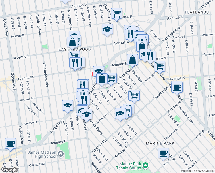 map of restaurants, bars, coffee shops, grocery stores, and more near 1497 East 34th Street in Brooklyn