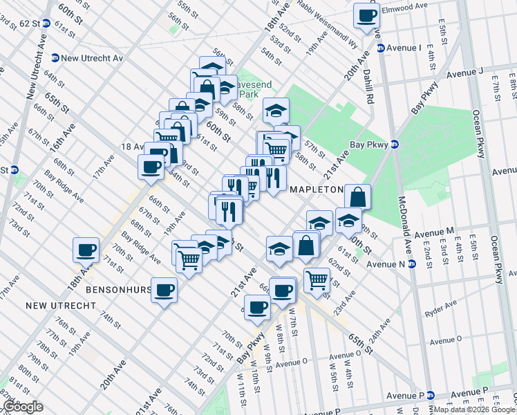 map of restaurants, bars, coffee shops, grocery stores, and more near 2018 61st Street in Brooklyn