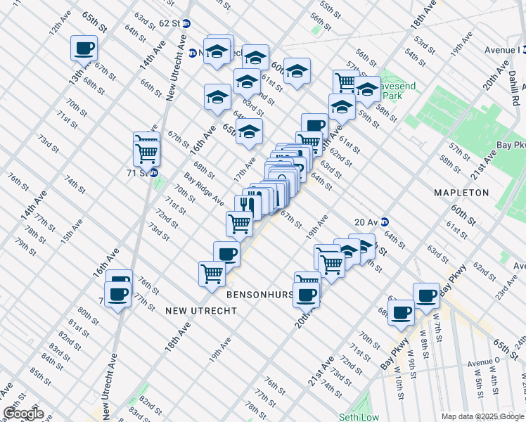 map of restaurants, bars, coffee shops, grocery stores, and more near 1751 67th Street in Brooklyn