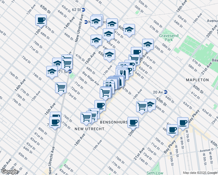 map of restaurants, bars, coffee shops, grocery stores, and more near 1719 68th Street in Brooklyn