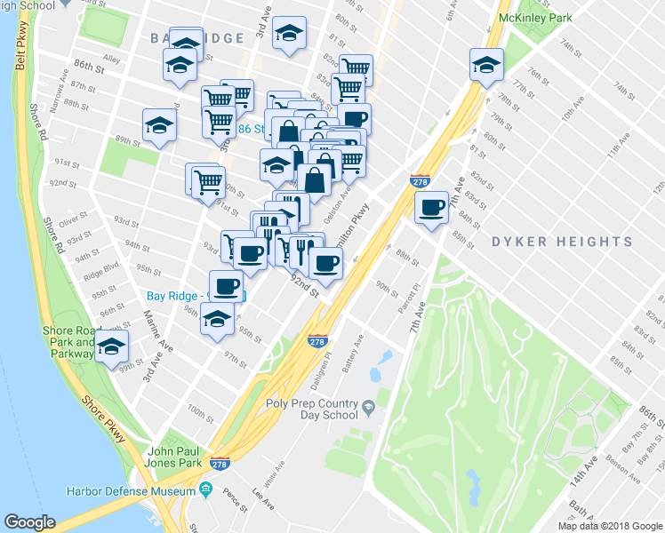 map of restaurants, bars, coffee shops, grocery stores, and more near 8852 Fort Hamilton Parkway in Brooklyn