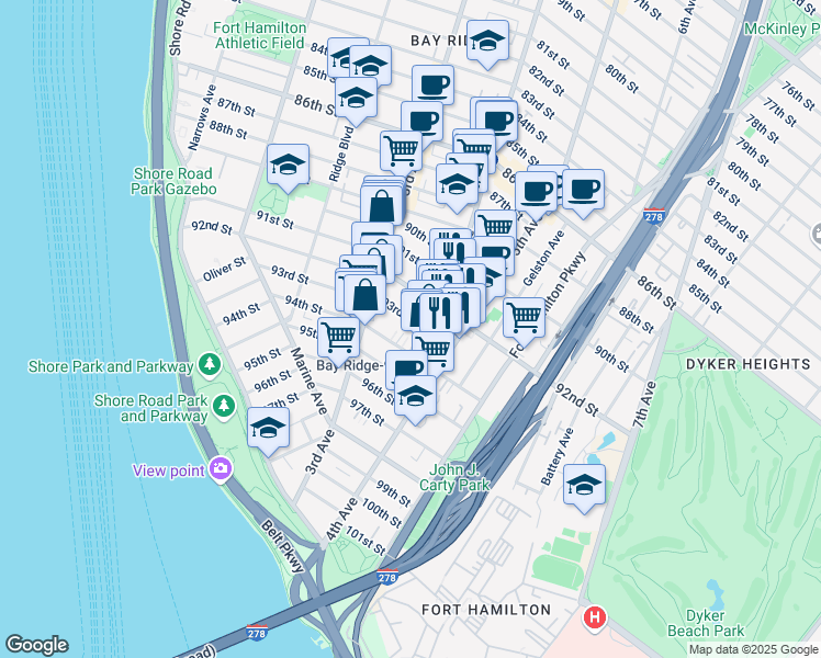 map of restaurants, bars, coffee shops, grocery stores, and more near 368 92nd Street in Brooklyn
