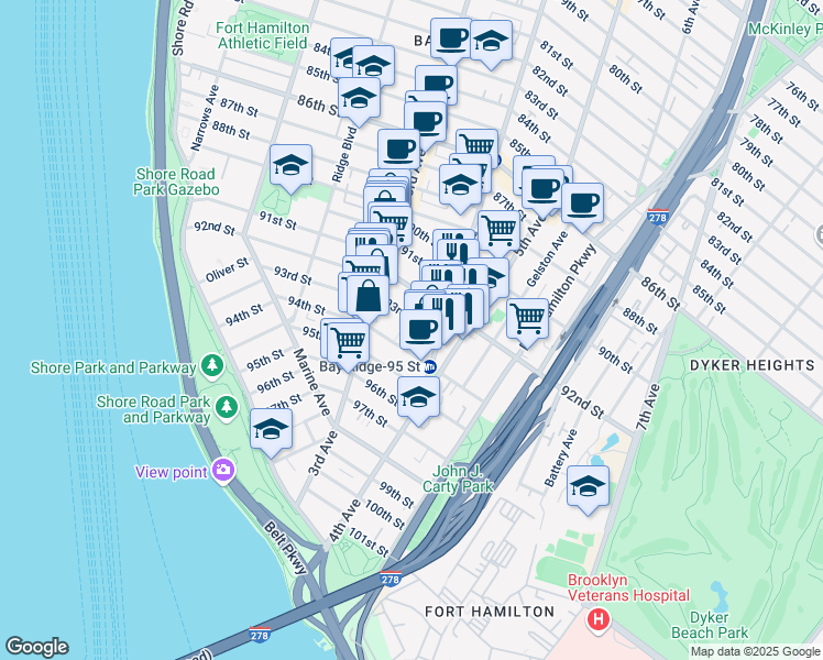 map of restaurants, bars, coffee shops, grocery stores, and more near 368 92nd Street in Brooklyn
