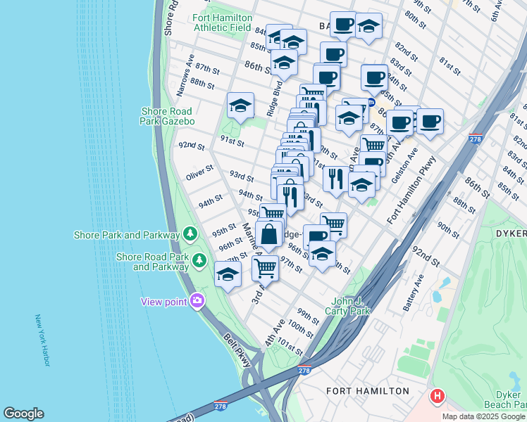 map of restaurants, bars, coffee shops, grocery stores, and more near 209 94th Street in Brooklyn