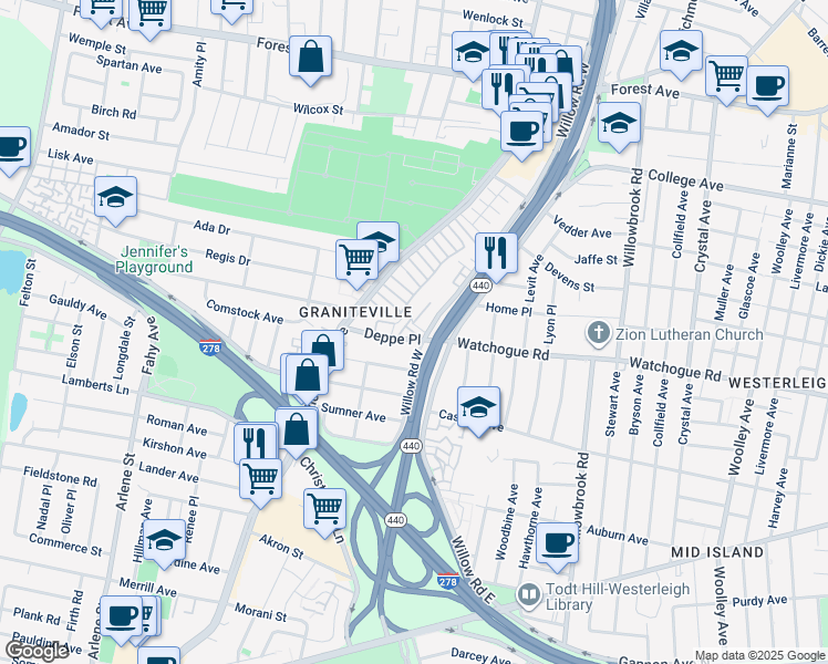 map of restaurants, bars, coffee shops, grocery stores, and more near 21 Deppe Place in Staten Island