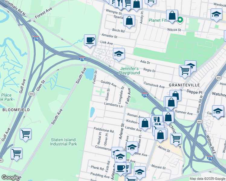 map of restaurants, bars, coffee shops, grocery stores, and more near 6 Elson Street in Staten Island