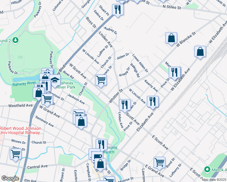 map of restaurants, bars, coffee shops, grocery stores, and more near 2148 Prospect Street in Rahway