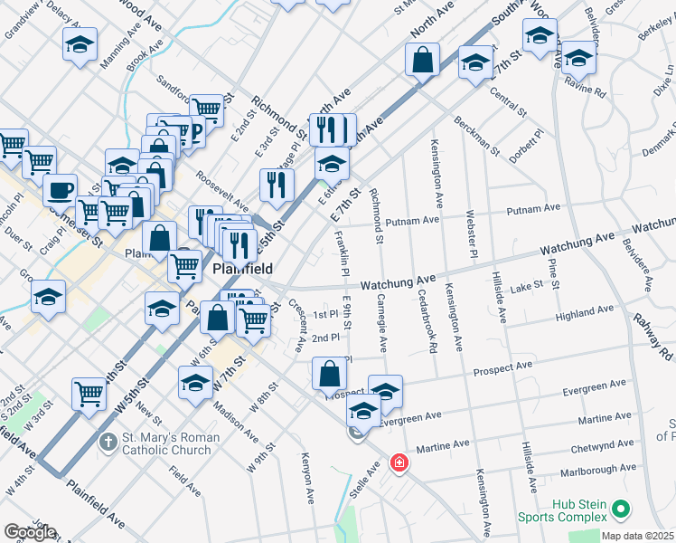 map of restaurants, bars, coffee shops, grocery stores, and more near 317 Franklin Place in Plainfield
