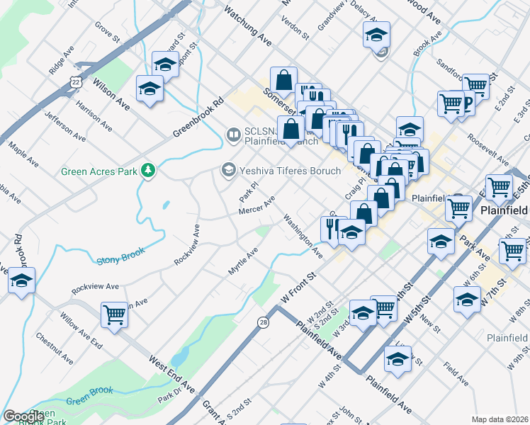 map of restaurants, bars, coffee shops, grocery stores, and more near 50 Washington Avenue in North Plainfield